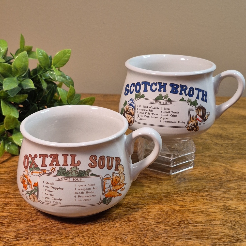 VINTAGE Set of 2 Ceramic Recipe Soup Mugs, Oxtail Soup & Scotch Broth